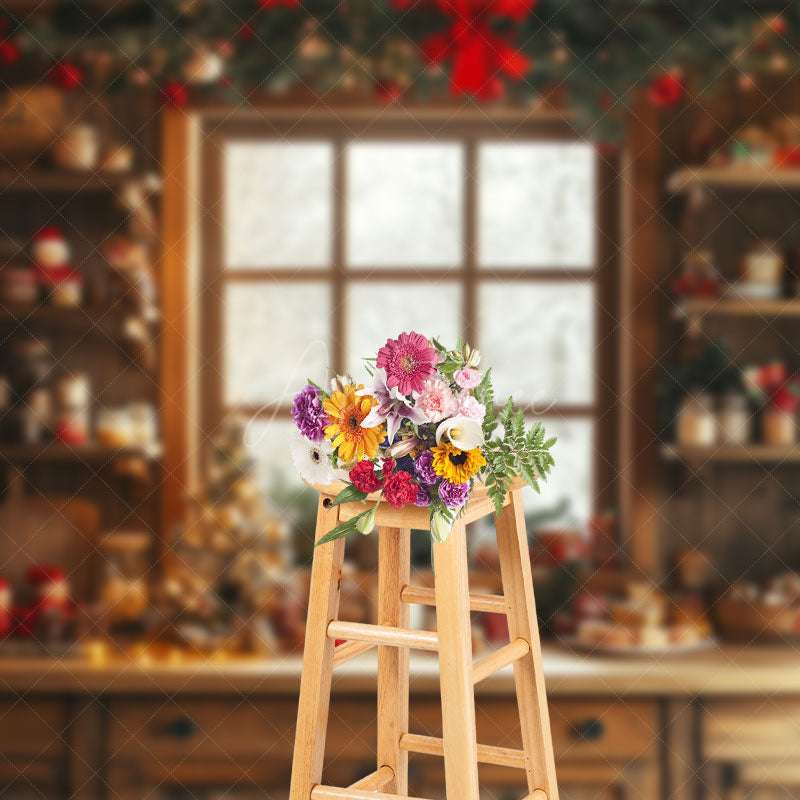 Aperturee - Aperturee Festive Christmas Vibe Wooden Retro Kitchen Backdrop
