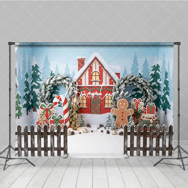 Aperturee - Aperturee Festive Christmas Winter Village Red House Photography Backdrop Gingerbread Man Candy Cane and Gift Decor