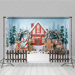 Aperturee - Aperturee Festive Christmas Winter Village Red House Photography Backdrop Gingerbread Man Candy Cane and Gift Decor