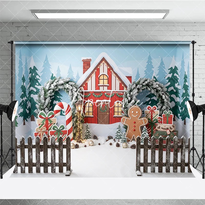 Aperturee - Aperturee Festive Christmas Winter Village Red House Photography Backdrop Gingerbread Man Candy Cane and Gift Decor