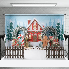 Aperturee - Aperturee Festive Christmas Winter Village Red House Photography Backdrop Gingerbread Man Candy Cane and Gift Decor