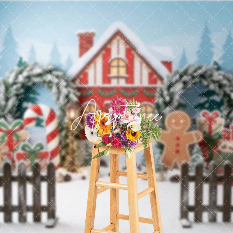 Aperturee - Aperturee Festive Christmas Winter Village Red House Photography Backdrop Gingerbread Man Candy Cane and Gift Decor