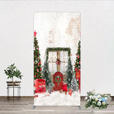 Aperturee - Aperturee Festive Christmas Winter Wonderland Rectangle Arch Backdrop with Decorated Trees Red Door and Snow