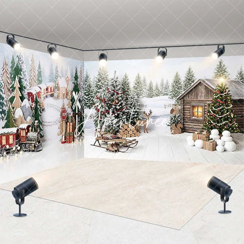 Aperturee - Aperturee Festive Christmas Winter Wonderland Room Set Backdrop Cozy Snowy Pine Trees Rustic Cabin and Train Scene Decor