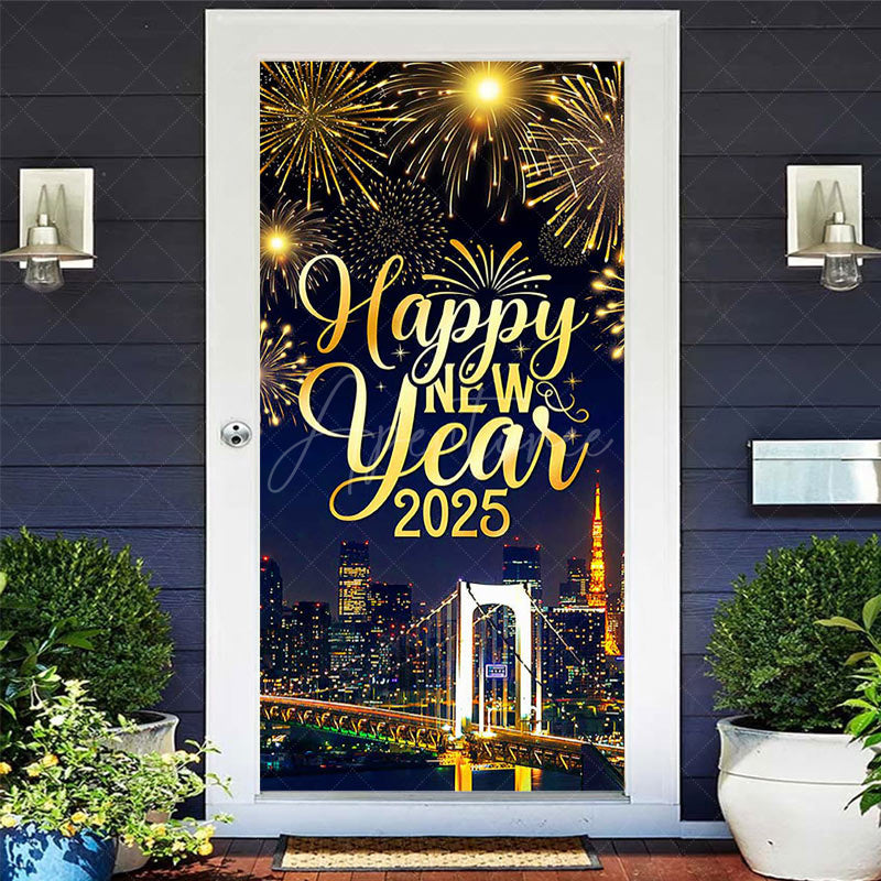 Aperturee - Aperturee Festive City Night Happy New Year 2025 Door Cover