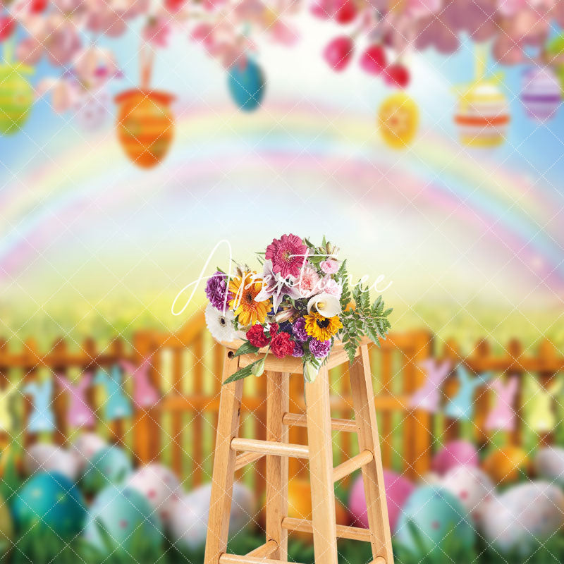 Aperturee - Aperturee Festive Easter Scene Colorful Eggs Rainbow Backdrop