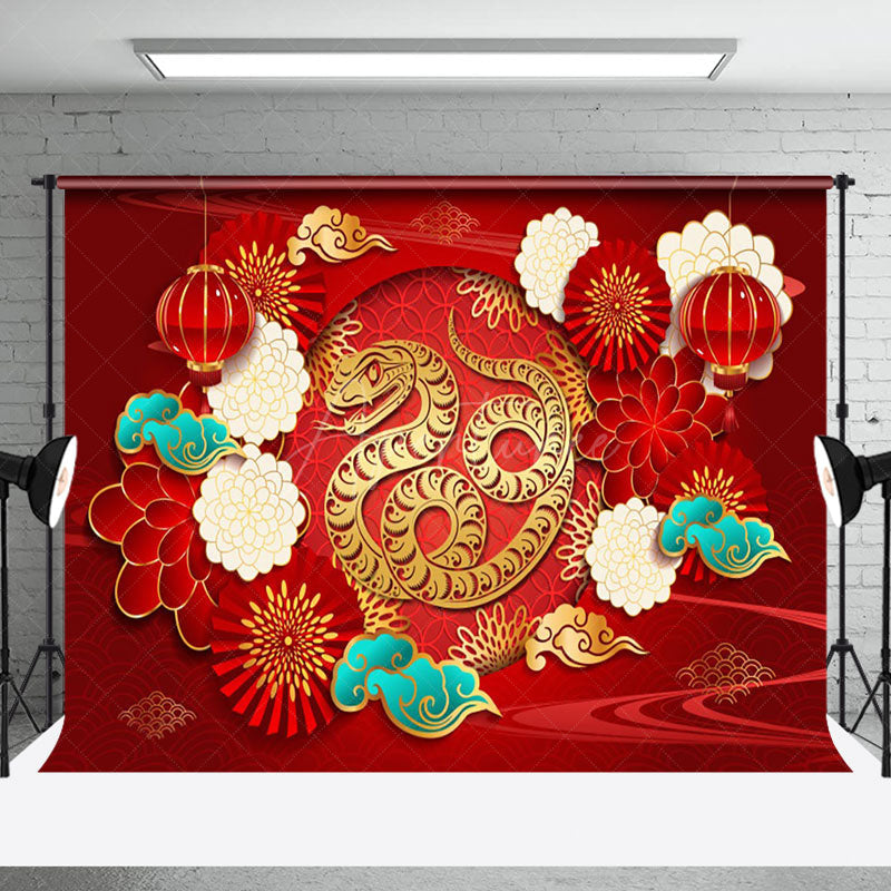 Aperturee - Aperturee Festive Floral Print Gold Snake New Year Backdrop