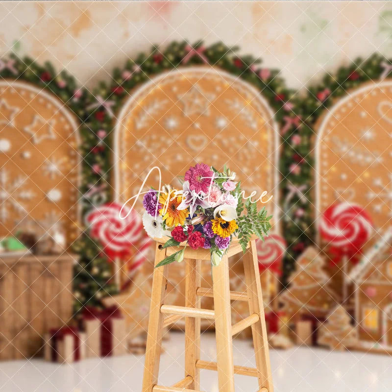 Aperturee - Aperturee Festive Gingerbread House and Snowflake Holiday Backdrop Christmas Garlands and Sweet Candy Decor