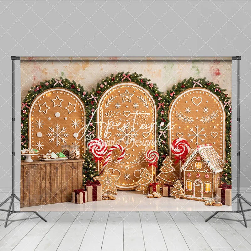 Aperturee - Aperturee Festive Gingerbread House and Snowflake Holiday Backdrop Christmas Garlands and Sweet Candy Decor