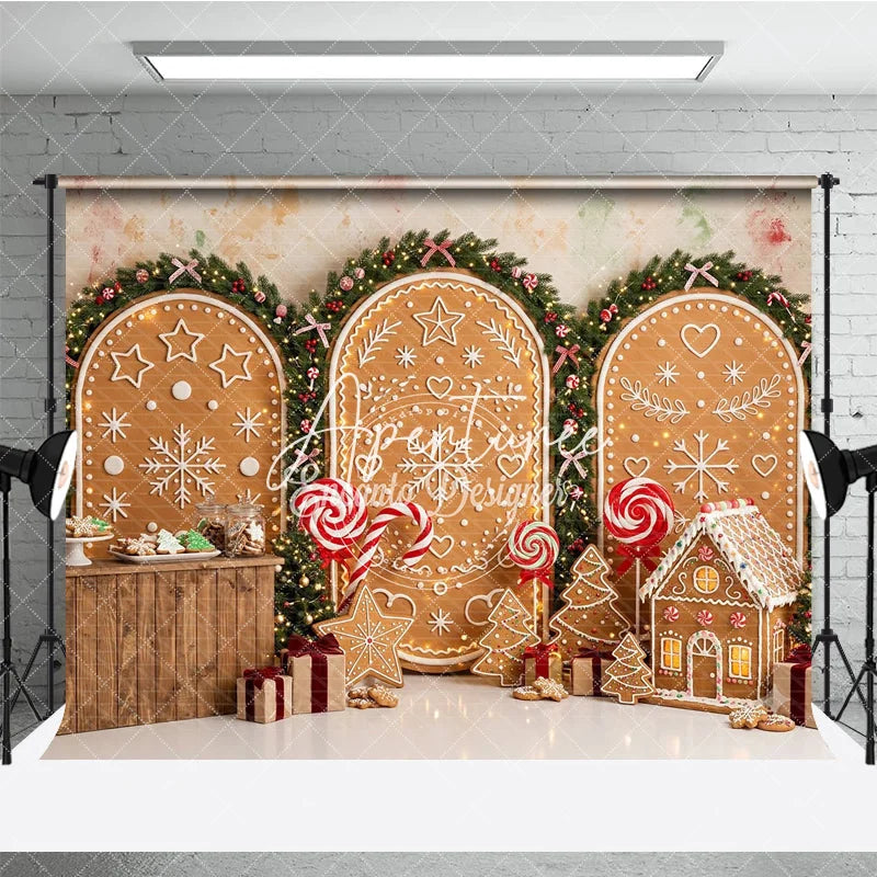 Aperturee - Aperturee Festive Gingerbread House and Snowflake Holiday Backdrop Christmas Garlands and Sweet Candy Decor