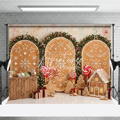 Aperturee - Aperturee Festive Gingerbread House and Snowflake Holiday Backdrop Christmas Garlands and Sweet Candy Decor