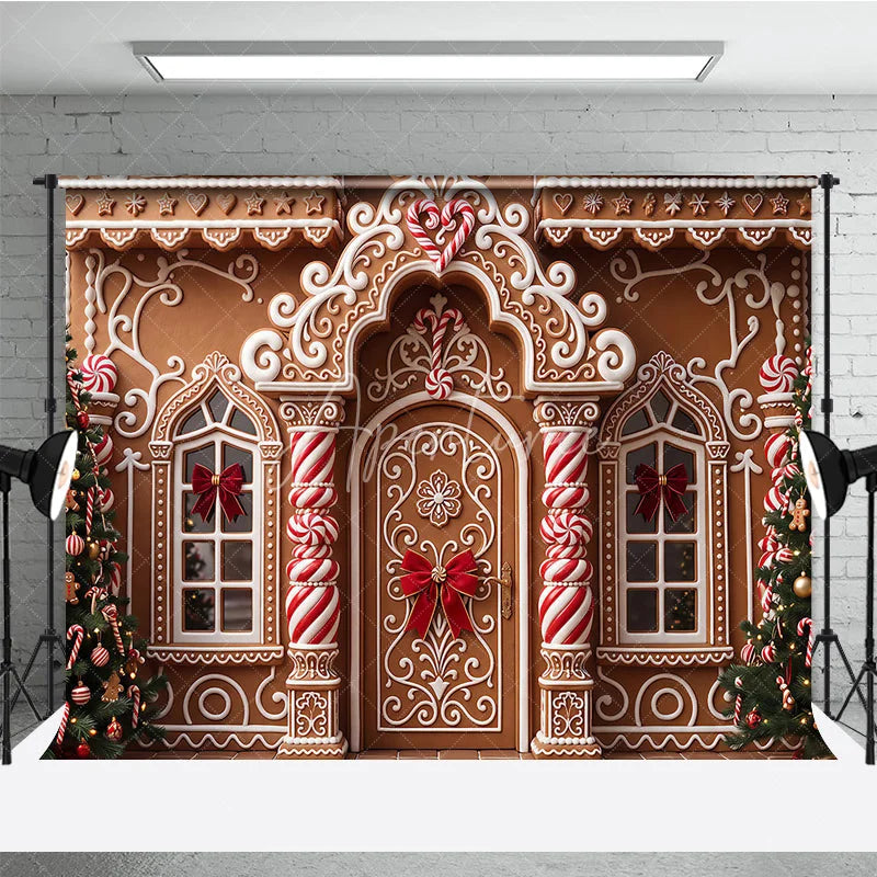Aperturee - Aperturee Festive Gingerbread House Christmas Holiday Backdrop with White Icing Candy Canes and Decorated Trees
