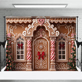 Aperturee - Aperturee Festive Gingerbread House Christmas Holiday Backdrop with White Icing Candy Canes and Decorated Trees