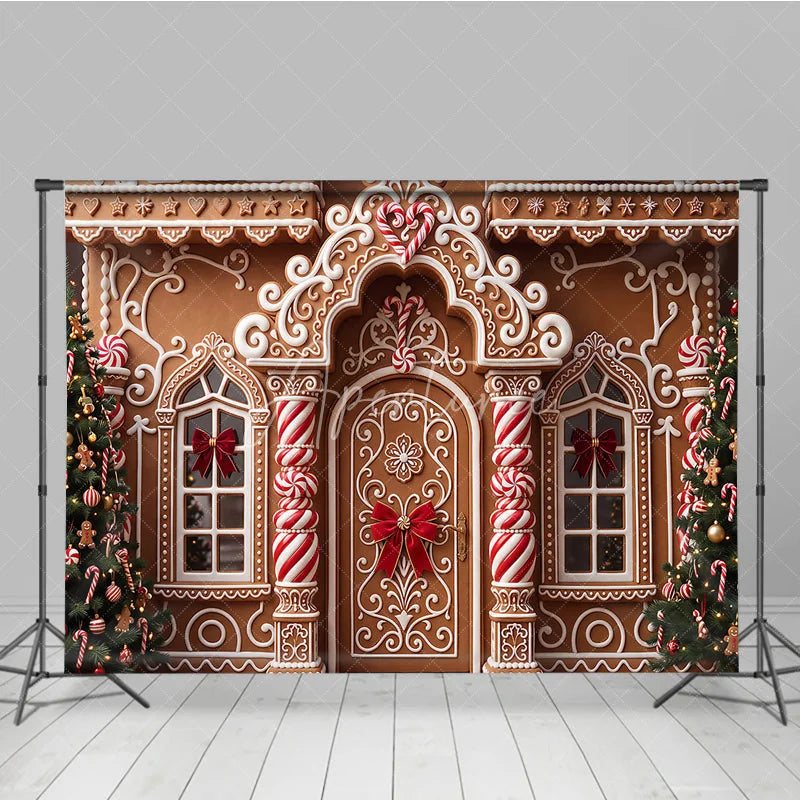 Aperturee - Aperturee Festive Gingerbread House Christmas Holiday Backdrop with White Icing Candy Canes and Decorated Trees