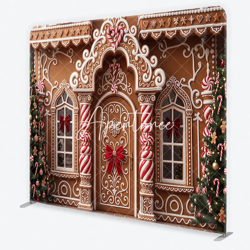 Aperturee - Aperturee Festive Gingerbread House Facade with Christmas Trees and Candy Canes square double-sided backdrop Holiday Party Decor