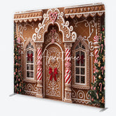 Aperturee - Aperturee Festive Gingerbread House Facade with Christmas Trees and Candy Canes square double-sided backdrop Holiday Party Decor
