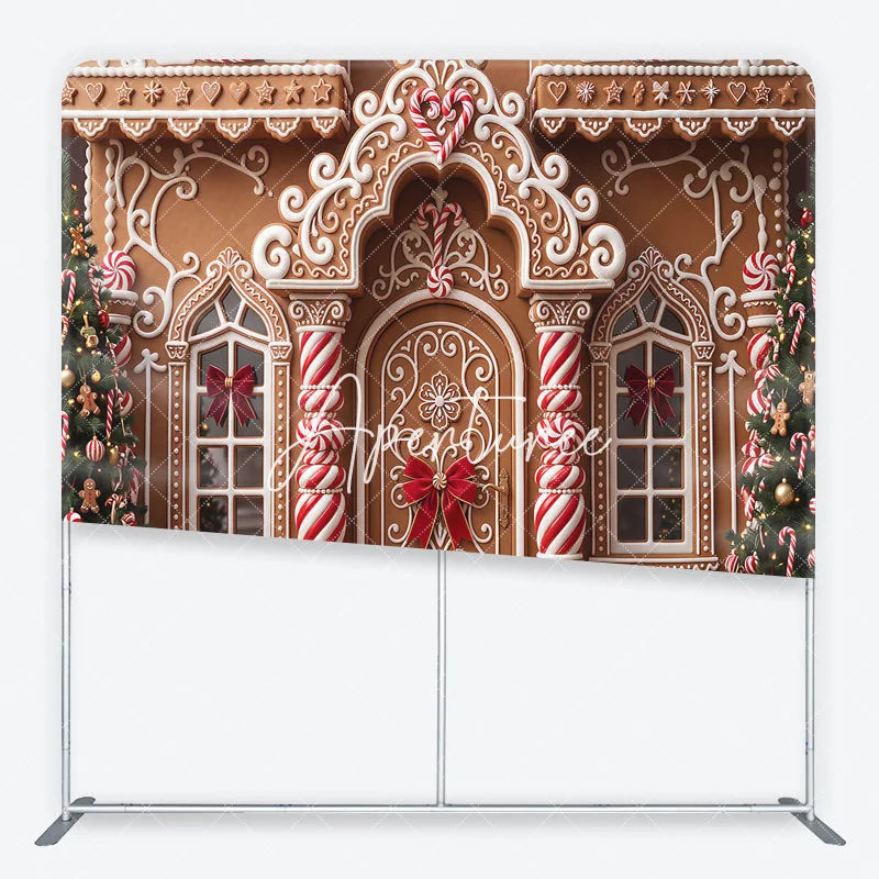 Aperturee - Aperturee Festive Gingerbread House Facade with Christmas Trees and Candy Canes square double-sided backdrop Holiday Party Decor