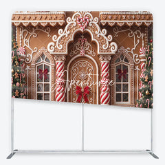 Aperturee - Aperturee Festive Gingerbread House Facade with Christmas Trees and Candy Canes square double-sided backdrop Holiday Party Decor