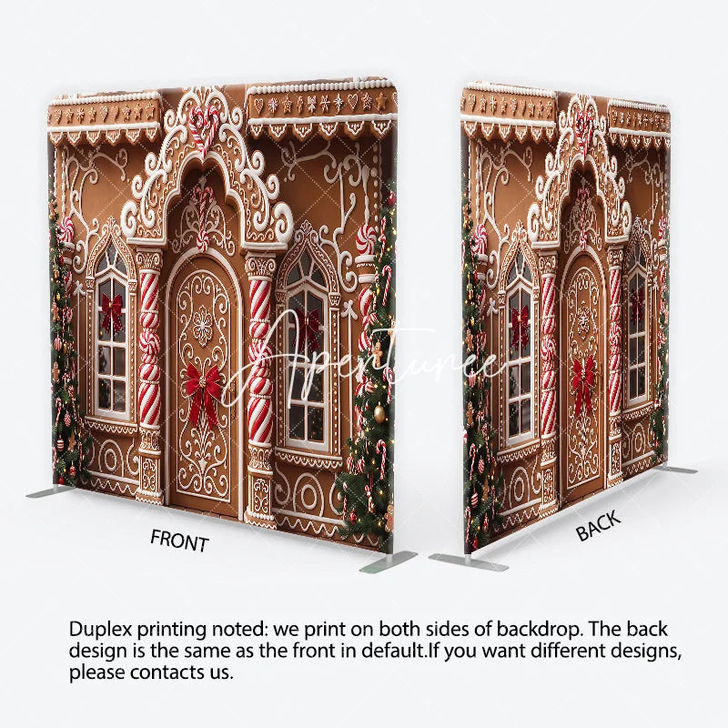 Aperturee - Aperturee Festive Gingerbread House Facade with Christmas Trees and Candy Canes square double-sided backdrop Holiday Party Decor