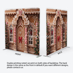 Aperturee - Aperturee Festive Gingerbread House Facade with Christmas Trees and Candy Canes square double-sided backdrop Holiday Party Decor