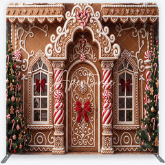 Aperturee - Aperturee Festive Gingerbread House Facade with Christmas Trees and Candy Canes square double-sided backdrop Holiday Party Decor