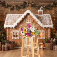 Aperturee - Aperturee Festive Gingerbread House Holiday Backdrop Decorated Christmas Trees with Rustic Wood Wall and Gifts