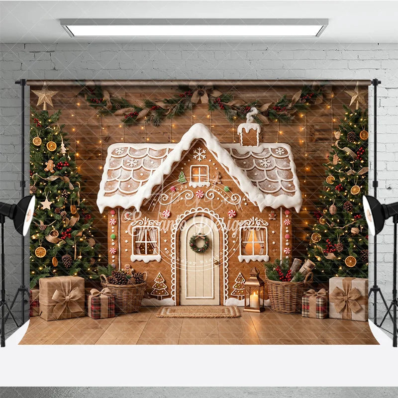 Aperturee - Aperturee Festive Gingerbread House Holiday Backdrop Decorated Christmas Trees with Rustic Wood Wall and Gifts