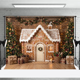 Aperturee - Aperturee Festive Gingerbread House Holiday Backdrop Decorated Christmas Trees with Rustic Wood Wall and Gifts