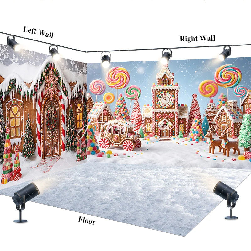 Aperturee - Aperturee Festive Gingerbread Village Candy Land Room Set Backdrop with Lollipops and Reindeer Whimsical Christmas Holiday Decor