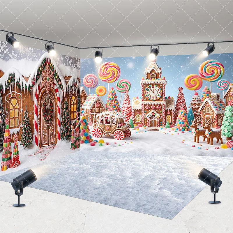 Aperturee - Aperturee Festive Gingerbread Village Candy Land Room Set Backdrop with Lollipops and Reindeer Whimsical Christmas Holiday Decor