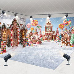 Aperturee - Aperturee Festive Gingerbread Village Candy Land Room Set Backdrop with Lollipops and Reindeer Whimsical Christmas Holiday Decor