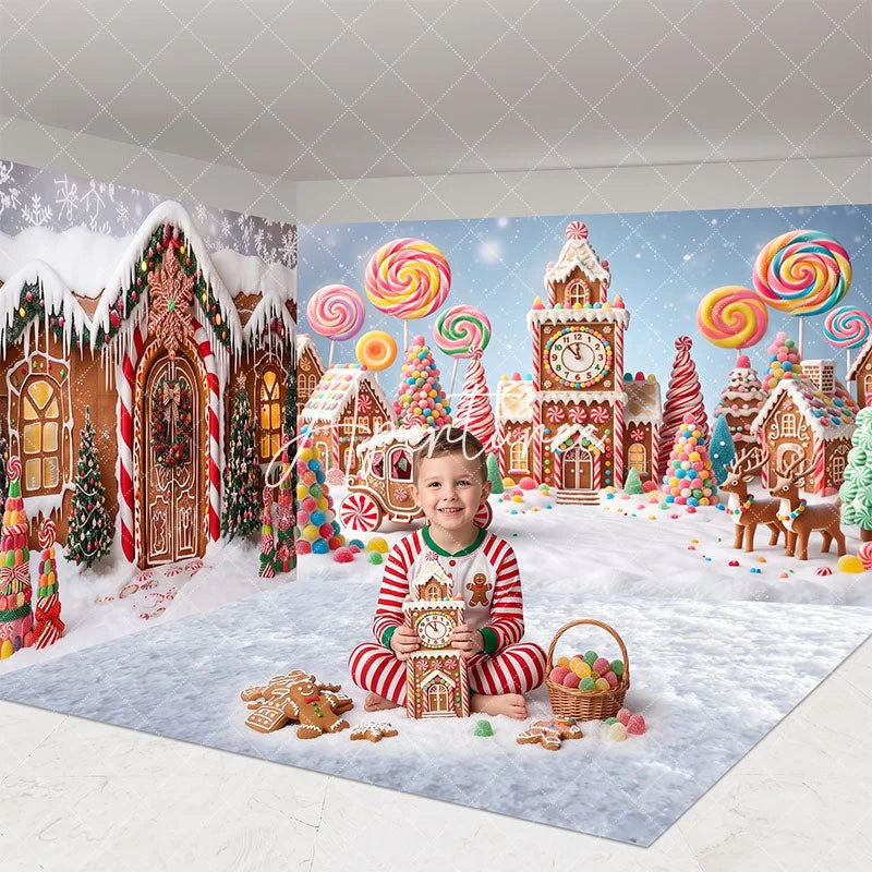 Aperturee - Aperturee Festive Gingerbread Village Candy Land Room Set Backdrop with Lollipops and Reindeer Whimsical Christmas Holiday Decor
