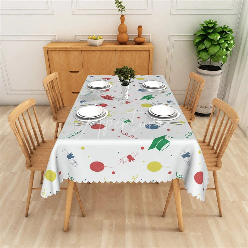 Aperturee - Aperturee Festive Graduation Party Rectangle Tablecloth Featuring Colorful Caps Diplomas and Balloons Decor