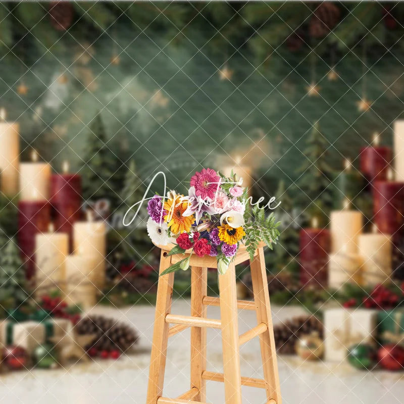 Aperturee - Aperturee Festive Green and Red Christmas Holiday Backdrop featuring Lit Candles Pine Branches Golden Stars and Gift Boxes