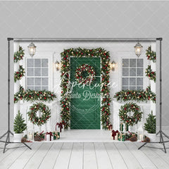 Aperturee - Aperturee Festive Green Door Christmas Holiday Backdrop with White Porch Elegant Garlands and Wreaths Decor