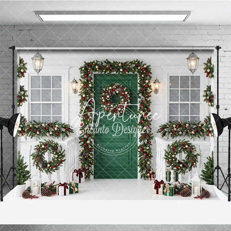 Aperturee - Aperturee Festive Green Door Christmas Holiday Backdrop with White Porch Elegant Garlands and Wreaths Decor