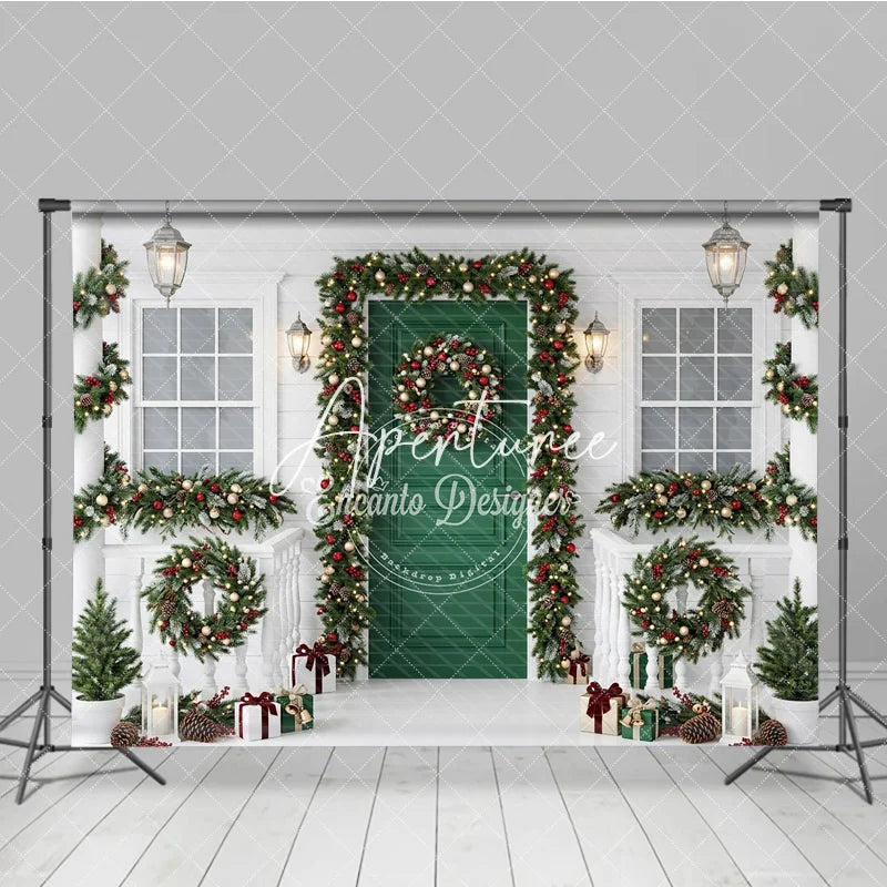 Aperturee - Aperturee Festive Green Door White Porch Christmas Backdrop with Garlands Wreaths and String Lights Winter Celebration Decor