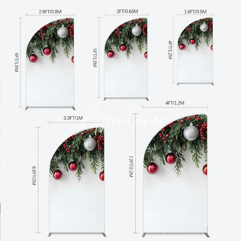 Aperturee - Aperturee Festive Green Pine Red Berry Christmas Half Moon Arch Backdrop Elegant Red and Silver Ornament Holiday Decor