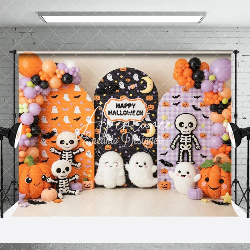 Aperturee - Aperturee Festive Halloween Arched Photography Backdrop with Cute Ghosts Skeletons and Pumpkins Orange and Purple Balloons