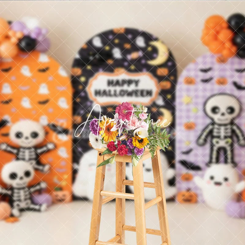 Aperturee - Aperturee Festive Halloween Arched Photography Backdrop with Cute Ghosts Skeletons and Pumpkins Orange and Purple Balloons