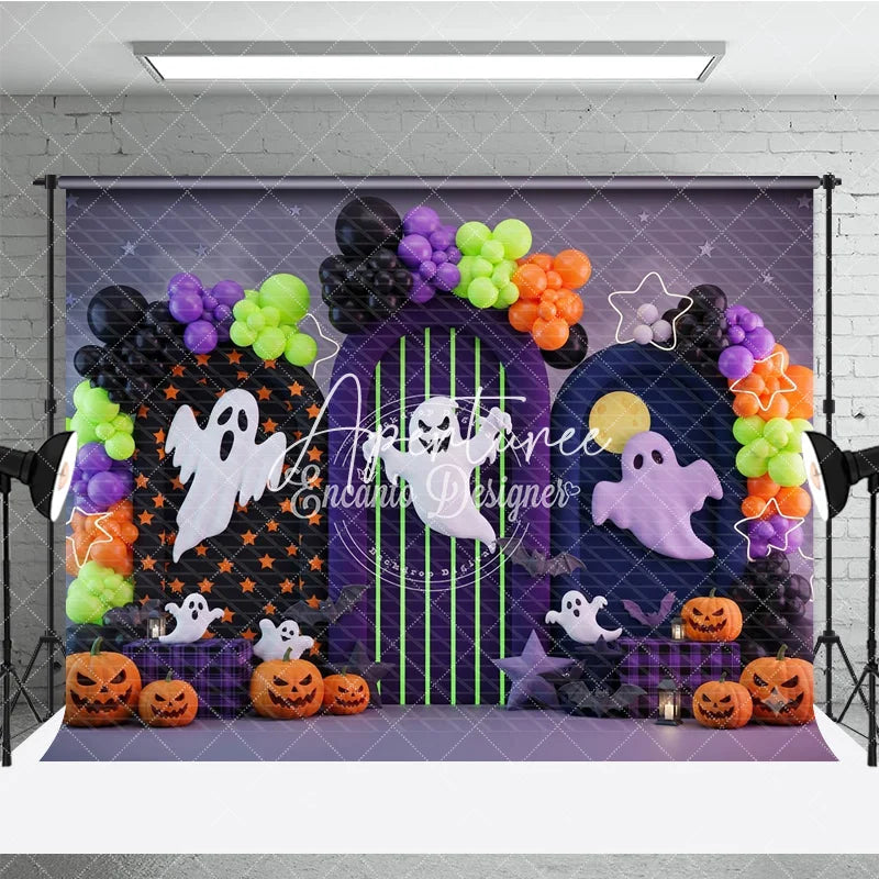Aperturee - Aperturee Festive Halloween Photography Backdrop featuring Spooky Ghosts Jack-o’-Lanterns and Colorful Balloon Arches