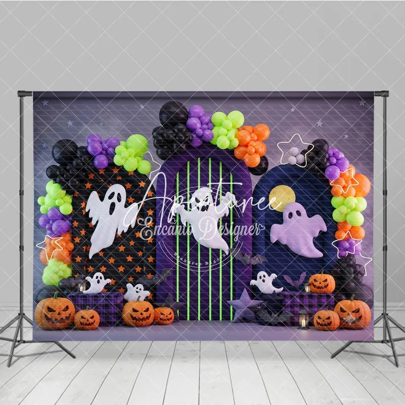 Aperturee - Aperturee Festive Halloween Photography Backdrop featuring Spooky Ghosts Jack-o’-Lanterns and Colorful Balloon Arches
