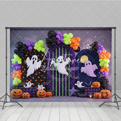 Aperturee - Aperturee Festive Halloween Photography Backdrop featuring Spooky Ghosts Jack-o’-Lanterns and Colorful Balloon Arches