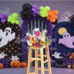 Aperturee - Aperturee Festive Halloween Photography Backdrop featuring Spooky Ghosts Jack-o’-Lanterns and Colorful Balloon Arches