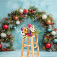 Aperturee - Aperturee Festive Pine Garland Arch Backdrop Colorful Ornament Blue Wall Photography Background