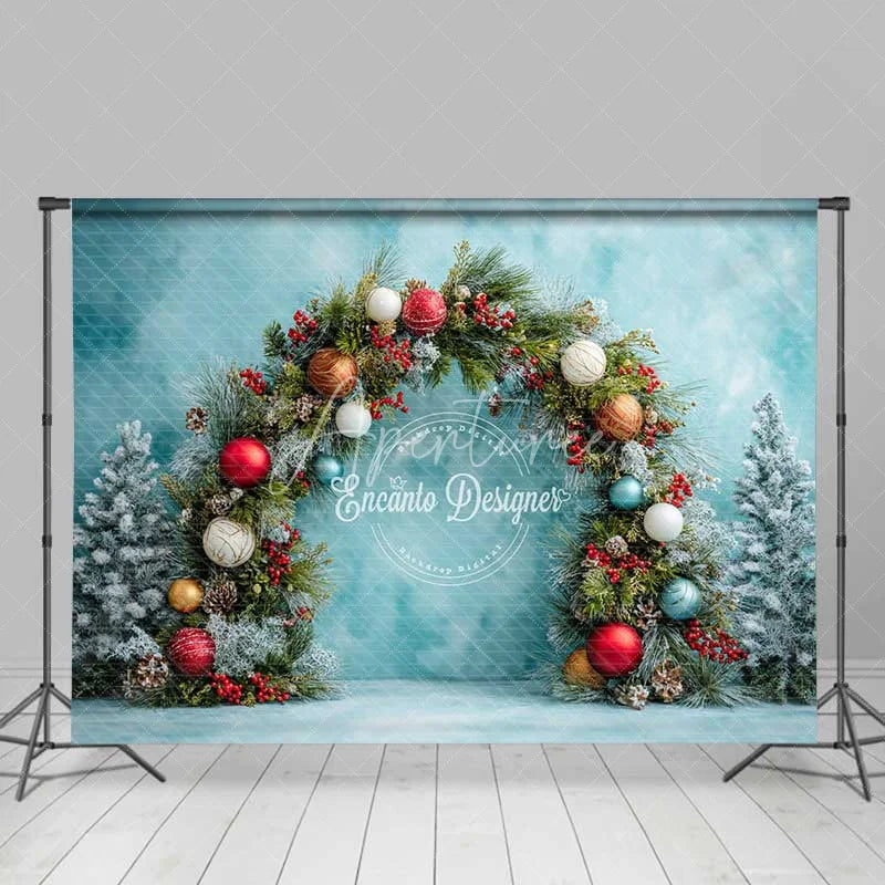 Aperturee - Aperturee Festive Pine Garland Arch Backdrop Colorful Ornament Blue Wall Photography Background