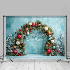 Aperturee - Aperturee Festive Pine Garland Arch Backdrop Colorful Ornament Blue Wall Photography Background