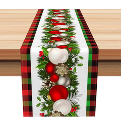 Aperturee - Aperturee Festive Plaid Bauble Pine Leaves Xmas Table Runner