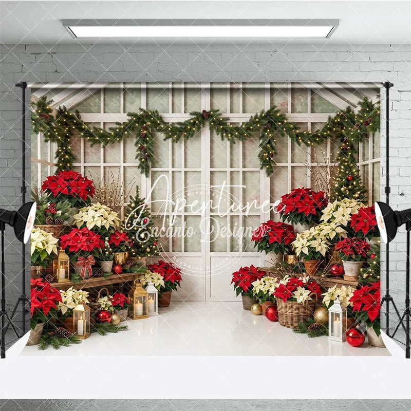 Aperturee - Aperturee Festive Red and Cream Poinsettia Christmas Tree Holiday Backdrop Elegant Winter Greenhouse Decor