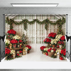 Aperturee - Aperturee Festive Red and Cream Poinsettia Christmas Tree Holiday Backdrop Elegant Winter Greenhouse Decor